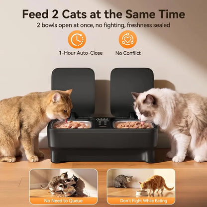 Meowant Automatic Wet Food Cat Feeder with Stainless Steel Bowls, Semiconductor Cooling & Pre-Heating, 360° Even Temperature, Dual-Bowl Independent Control, Timer Control & Voice Call Functionality, for 1-2 Cats, Steel Bowl