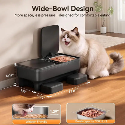 Meowant Automatic Wet Food Cat Feeder with Stainless Steel Bowls, Semiconductor Cooling & Pre-Heating, 360° Even Temperature, Dual-Bowl Independent Control, Timer Control & Voice Call Functionality, for 1-2 Cats, Steel Bowl