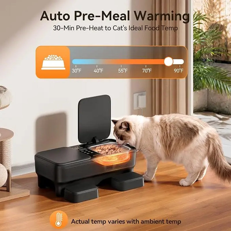 Meowant Automatic Wet Food Cat Feeder with Stainless Steel Bowls, Semiconductor Cooling & Pre-Heating, 360° Even Temperature, Dual-Bowl Independent Control, Timer Control & Voice Call Functionality, for 1-2 Cats, Steel Bowl